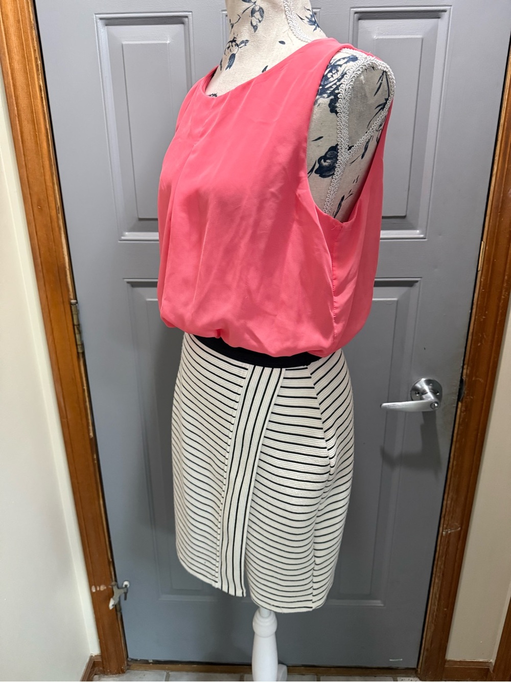 Coral and black/white stripe dress, cutout back design (large)